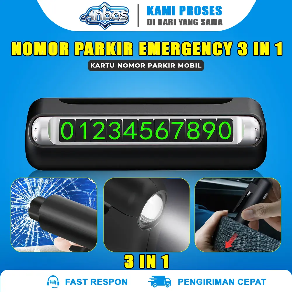Kartu Nomor Parkir Mobil 3 in 1 Emergency Temporary Parking Number dengan Senter LED & Pemecah Kaca Aksesori Mobil Wajib