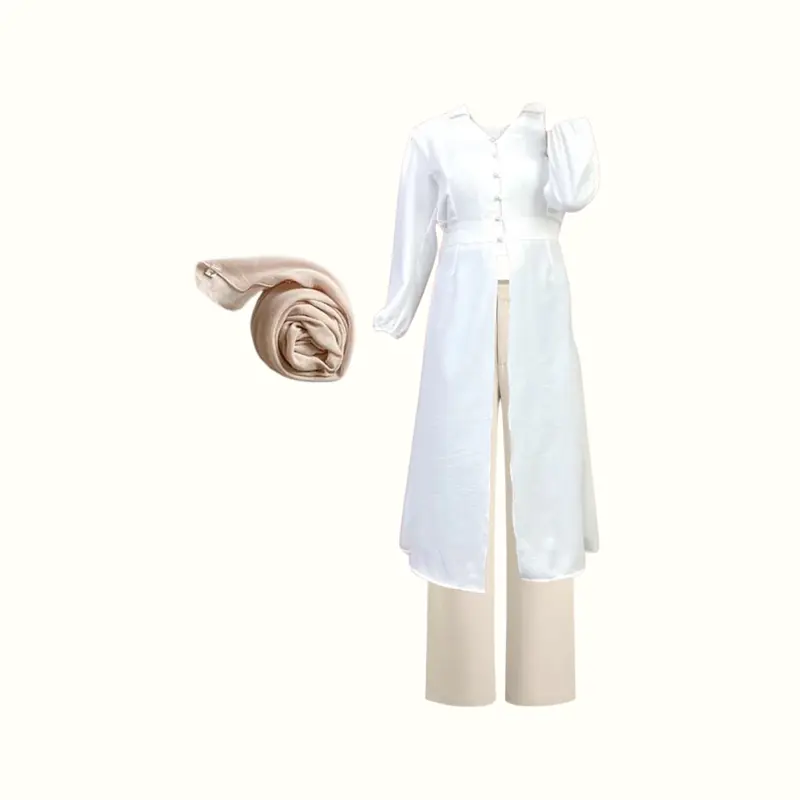 1Set Outfit Hijab Rompi Tunik  Perempuan (Hijab+Rompi+Tunik+Celana+Belt) OOTD Bukber- CL180 Muslim Panjang Setelan Wanita Kombinasi Atasan Baju 4