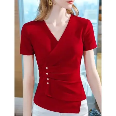 KARIZKA - T-shirt wanita Asymmetric Beaded Top Kaos Polos Baju Pendek Cewek