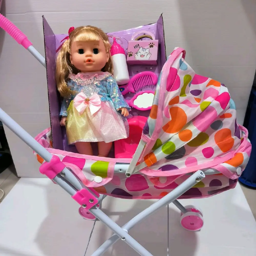 Mainan stroller boneka pipis minum botol susu diapers  ada suaranya Anak Perempuan Dolls Flower