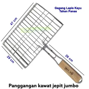 Panggangan Ikan Bakar/Ayam uk Jumbo 47x29 cm Gagang Kayu Tahan Panas Stainless Steel Jepit Stenliess Kitchenware Talenan