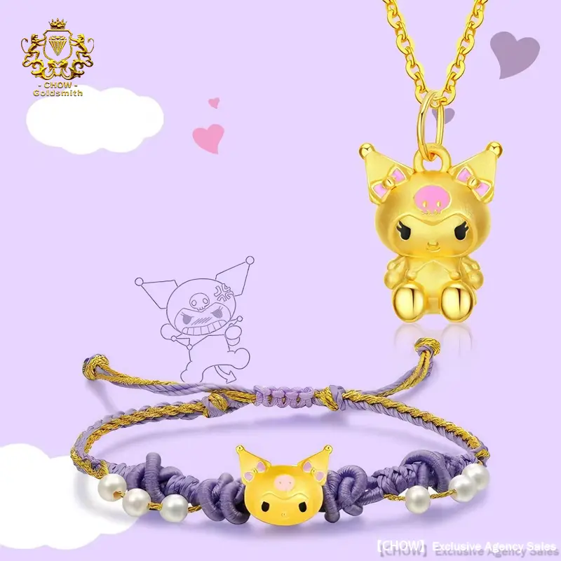 【Chow Gold Smith】Kuromi Pure Gold Pendant Emas Bracelet Lucky Bead Au999 24K Pure Gold Bracelet With Plated Gold Necklace