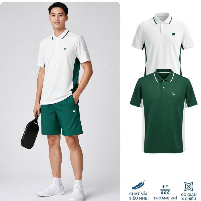 Bộ Thể Thao Nam W Polo Trắng Viền Xanh + Quần Short Xanh | Pickleball – Tennis