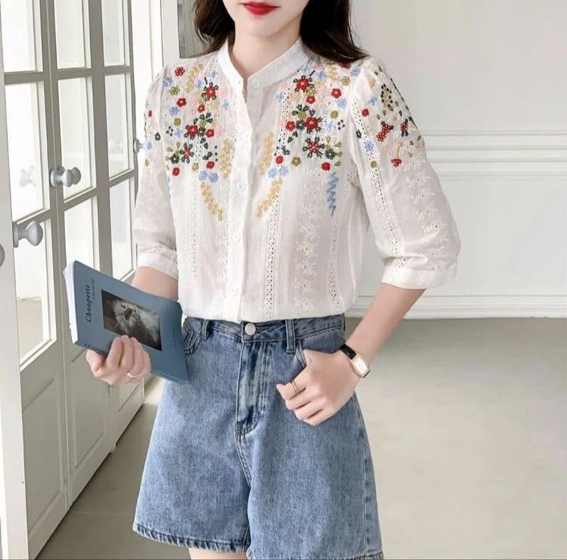 Atasan Shanvi Embroidered Cotton TM 2570 original Three M baju tren 2026 model baru model kekinian fashion kemeja bunga cantik wanita remaja cewek panjang