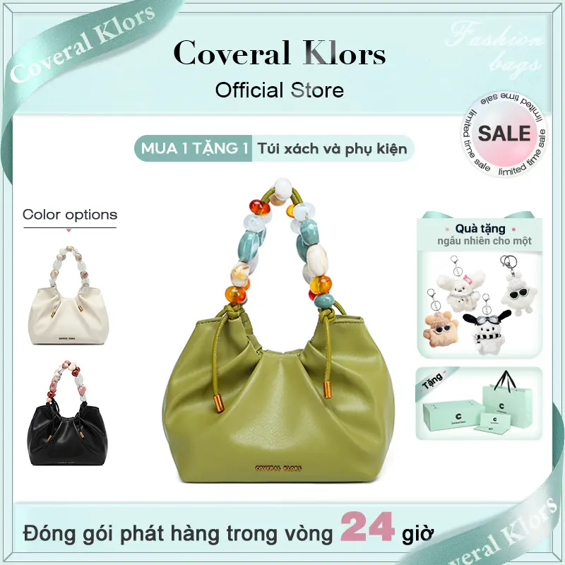 COVERAL KLORS -【đóng gói hộp quà tặng】Túi xách thời trang dành cho nữ, da PU mềm mại, màu sắc tươi sáng,Nhiều màu quai cầm hạt nhựa Acrylic nhẹ nhàng, Xanh, trắng, đen size 22 thời thượng túi xách. Bag Nhung