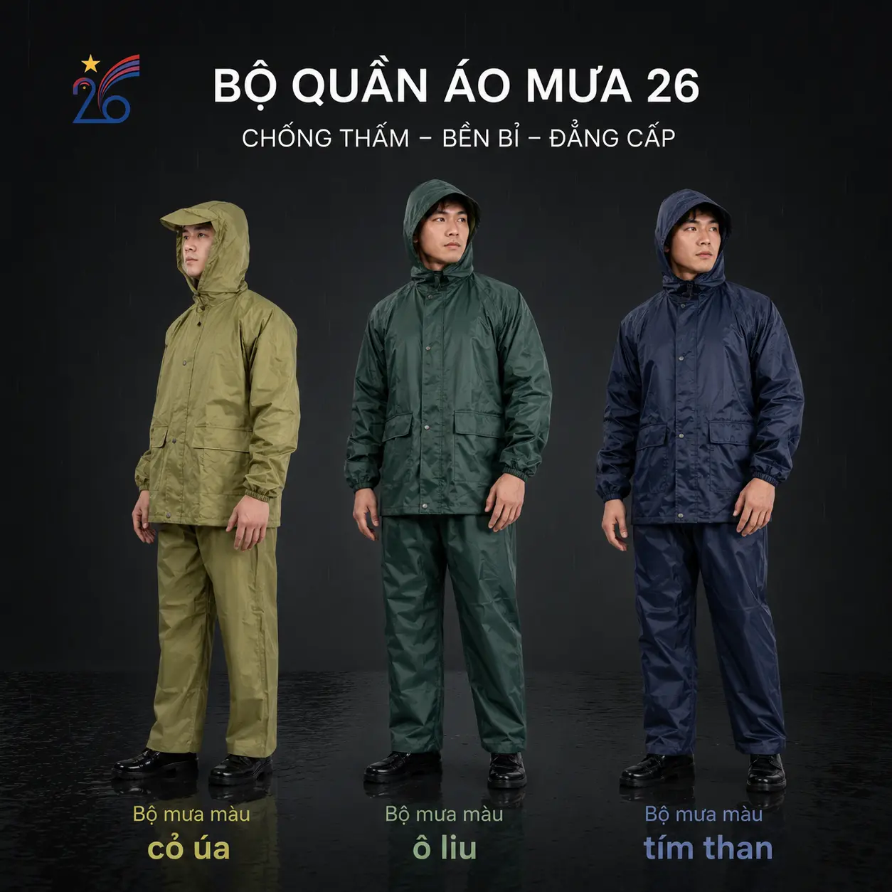 Bộ quần áo mưa 26 - tránh nước tốt, vận động dễ dàng - 3 màu (cỏ úa, oliu, tím than )