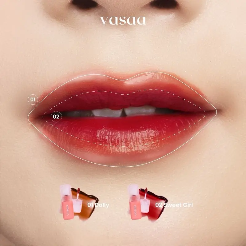 [Clearance Sale ED 2026] Vasaa Liptint Glossy Stain 3g Lip Stain Soft Stay Glassy Finish Lip Tint Ringan Tahan Lama Untuk Bibir Kering Girl Peach 4