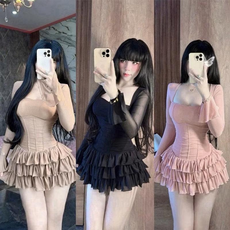Váy Body Thun Lưới Tay Loe Dáng Ngắn Xoè 3 Tầng Tôn Dáng Sang Chảnh - DinhLanAnhStore