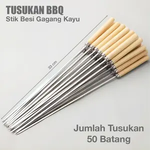 Alat Tusuk Sate Stainless Steel Isi 50 Batang Stik Besi Gagang Kayu Tusukan BBQ Bakar Ikan Udang Barbekyu