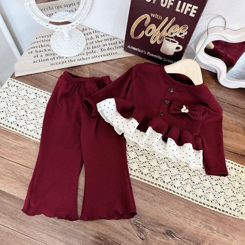   8-21kg  Bộ quần áo len lông thỏ đính 3 màu cho bé gái phối chấm bi 