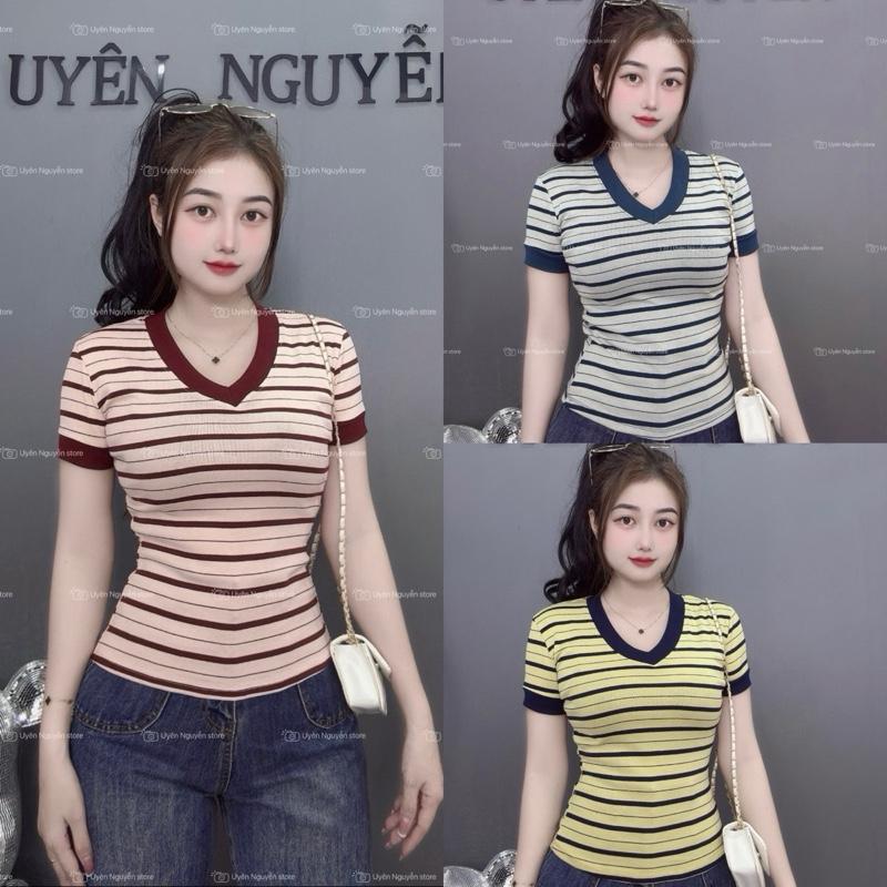 A17 - MỞ BÁN TẾT Áo thun cổ tim sọc bassic vải Bozip cotton mềm mịn co dãn tốt phom gọn dáng