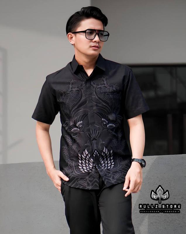 Kemeja Batik Pria Lengan Pendek - Bahan Katun Cowok Distro Dewasa Surfing Atasan Casual Panjang Motif Hitam - Kerja Kemeja batik Keren Hem Nyaman Baju Santai 5
