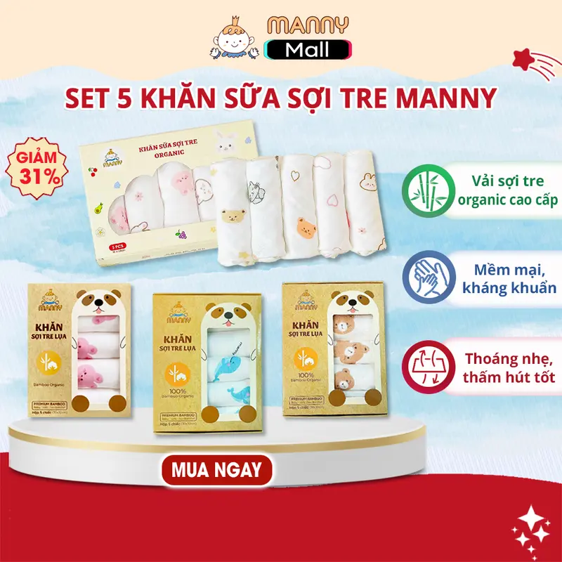 Set 5 Khăn Sữa Sợi Tre Manny Cao Cấp Chính Hãng (2-4 Lớp) Mềm Mịn, Thấm Hút, Kháng Khuẩn Cho Bé 0