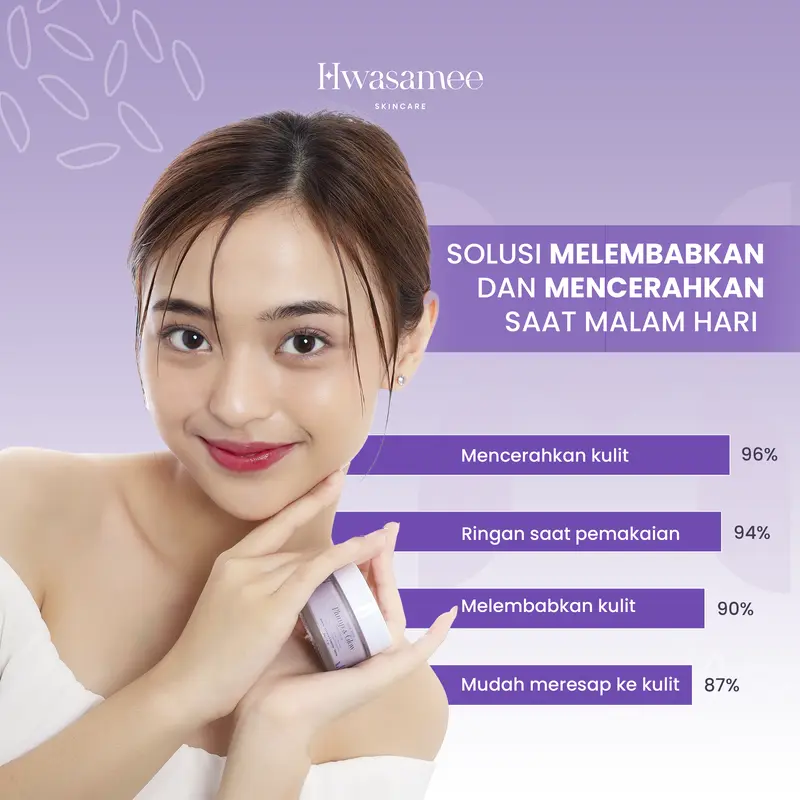 HWASAMEE [Serum 5in1 + Night Cream 10x Brightening ] Perawatan Malam Sempurna Bangun Dengan Wajah Glowing Kenyal Terjaga Kelembaban Kulit Ceramide Extract Niacinamide Pencerah Purple Vitamin Lavender Memudarkan Mencerahkan 6