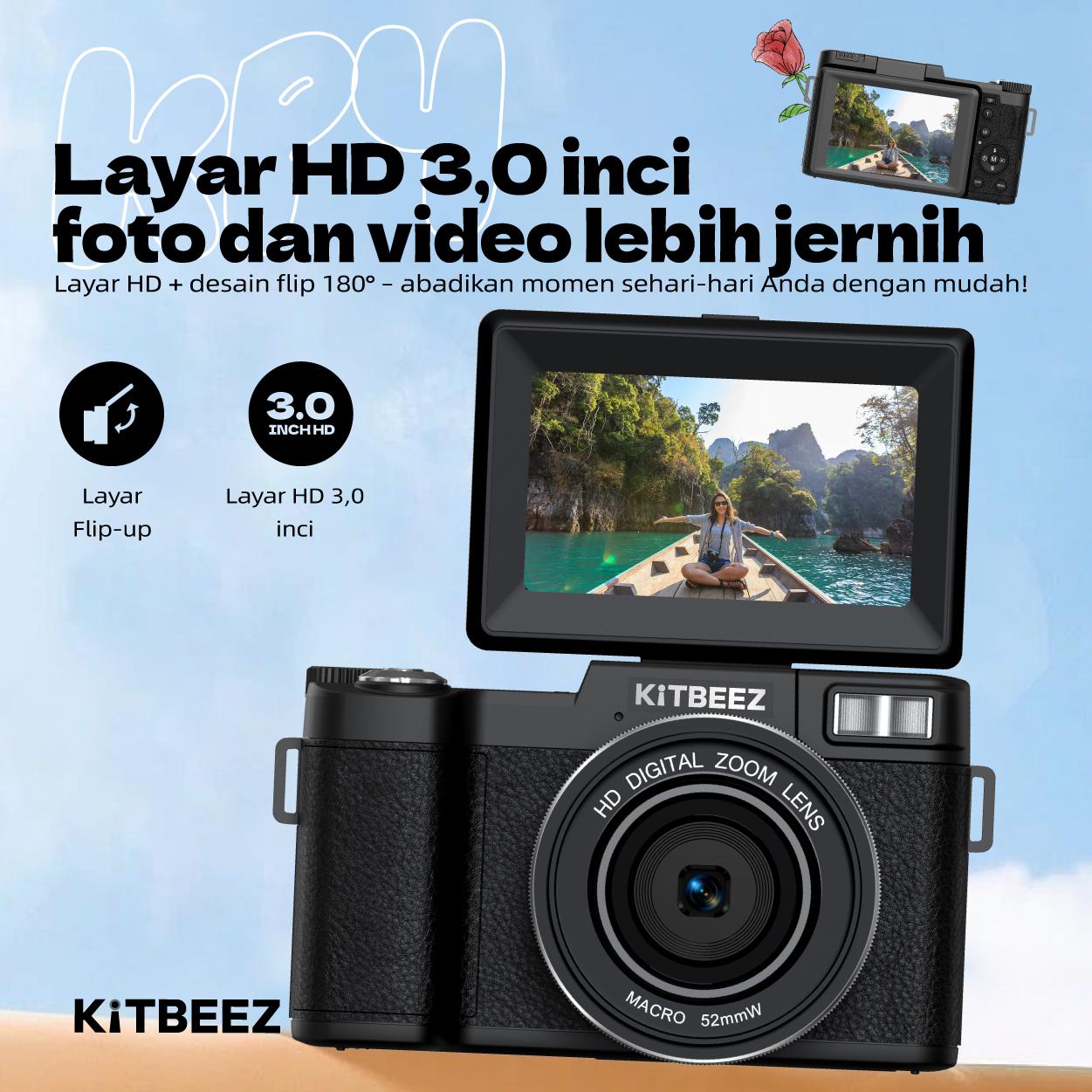 【KiTBEEZ KP-4】 Kamera Digital 5K WiFi 75MP dengan Zoom Digital 18X, Layar Putar 180°, Flash Intelligent Muncul Otomatis untuk Selfie & Pembuatan Vlog