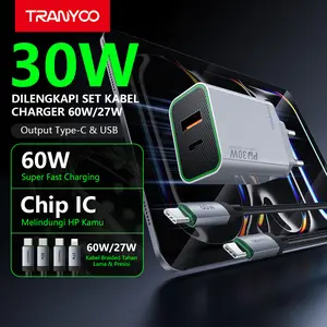 TRANYOO EU13 Charger 30W dengan 2 Port USB + Type-C, Paket Termasuk Kabel TYPE-C to TYPE-C atau TYPE-C to Lightning, Cocok untuk iPhone, Samsung, Xiaomi, Redmi, POCO, Realme, OPPO, Vivo, iQOO