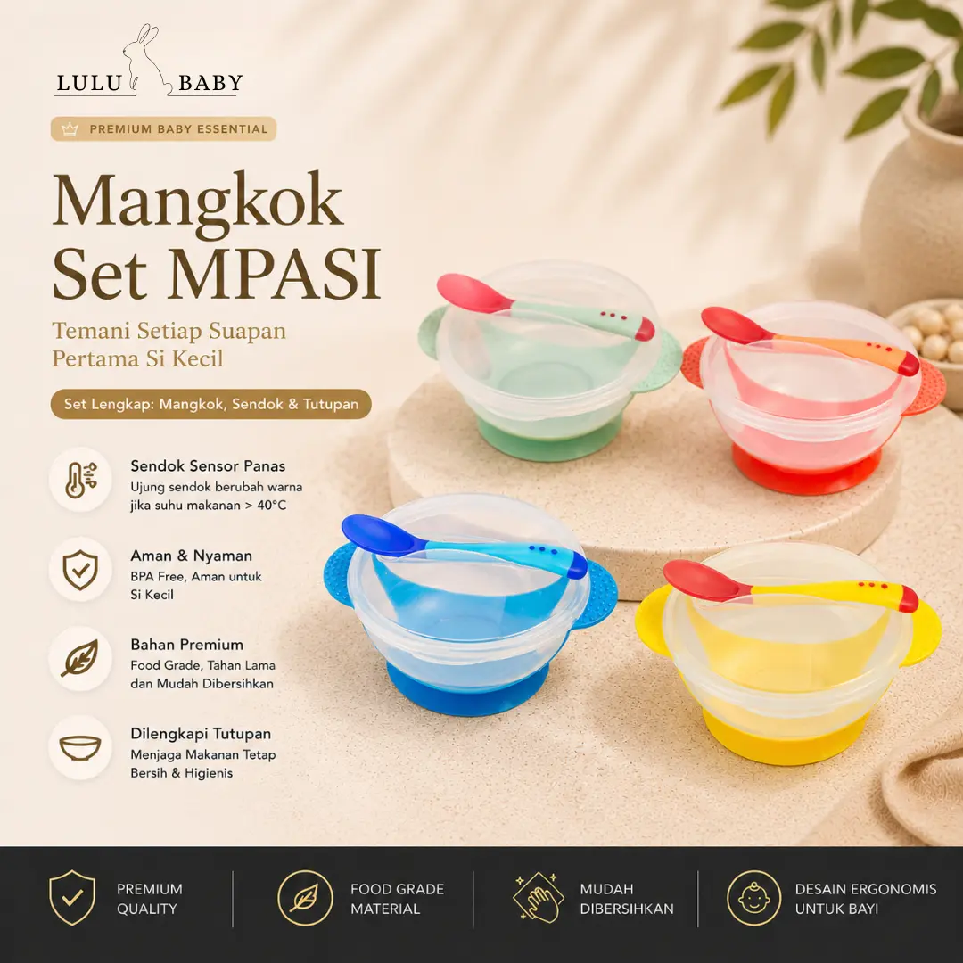 LULU BABY | Mangkok Set Bayi Anti Tumpah Bahan Silikon Sendok Sensor Panas