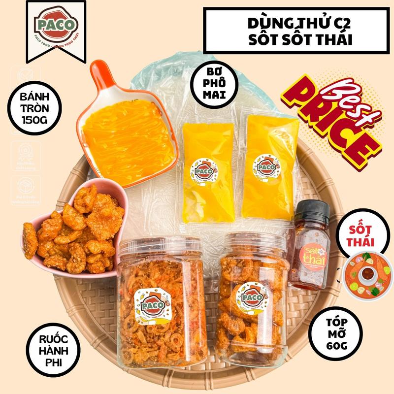 NÊN THỬ C2 Combo bánh tráng phơi sương Paco Food gồm 5 món 1 bánh tráng 12-13 cái 1 hủ ruốc hành phi 130g 1 hủ tóp mỡ kèm 2 túi bơ phô mai và 1 chai sốt tự chọn