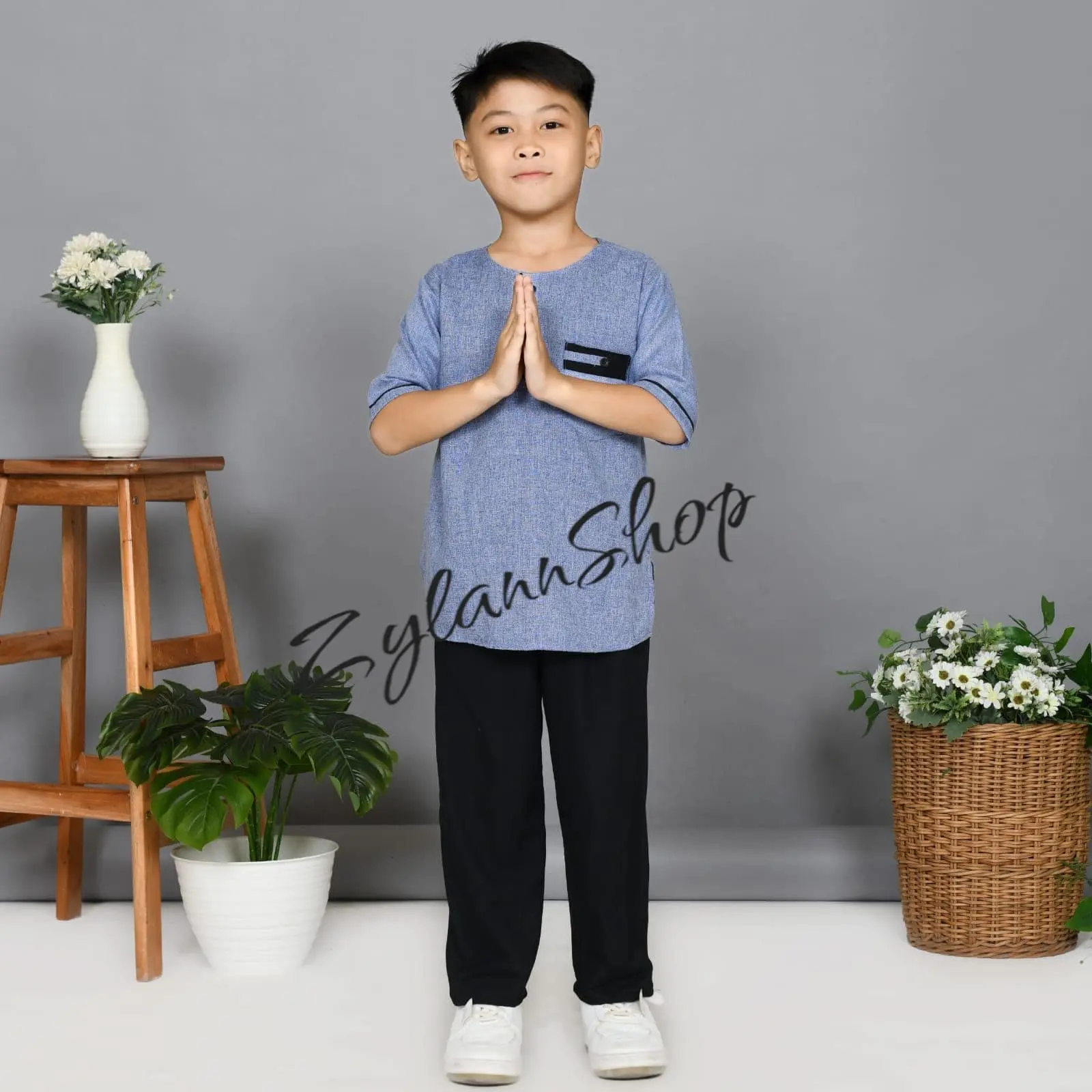 Setelan Madinah Muslim Lengan Pendek Usia 1-12 Tahun Katun  Kerah Celana koko anak