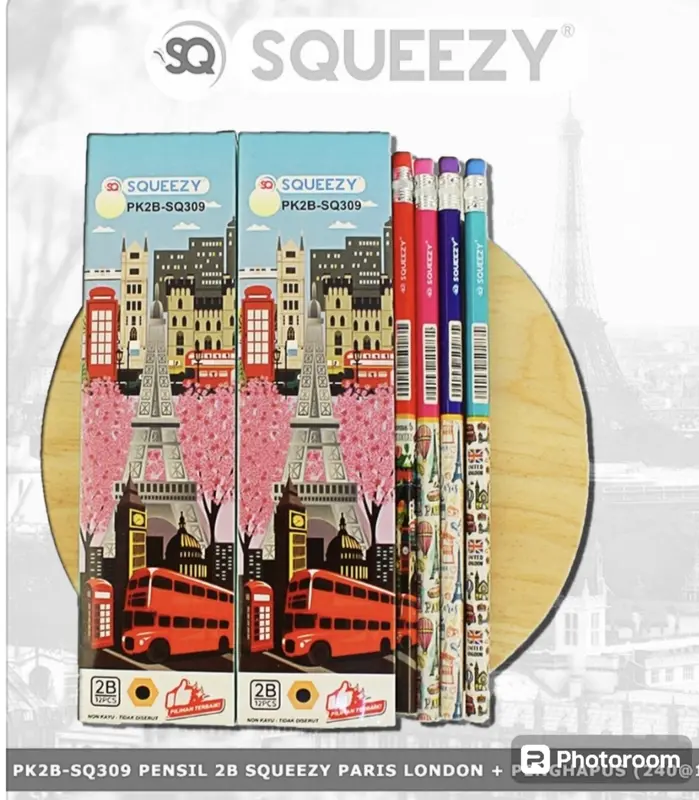 Pensil 2B dengan penghapus Merk Squeezy PK2B-SQ309 Karakter Paris London isi 12 pcs / Box 3