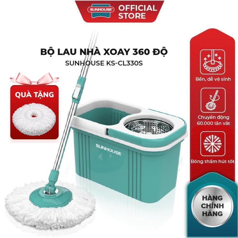 Bộ lau nhà xoay 360 độ Sunhouse KS-CL330S - Kèm thùng tự vắt có lồng inox chống gỉ, dễ làm sạch