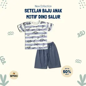 BEETUVI - Setelan Baju Anak Laki-Laki 3-8 Tahun Dino Garis Print