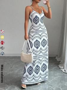 Vestido largo casual para vacaciones de mujer, tirantes finos, escote en V profundo, estampado geométrico, moda elegante de verano, perfecto para viajar y relajarse