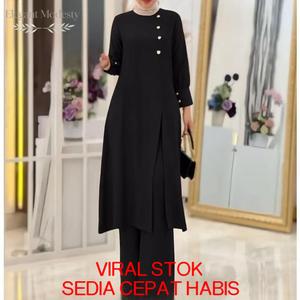 2PCS,Set Wanita Muslimah,  Blaus Belah Lengan Panjang, Seluar PinggangBergetah Kaki Lebar, Sut Longgar Jubah Batik Block Cotton Viscose Lembut Casual Dress untuk Wedding, Raya, Dinner Material Premium Digital Crip Style Kebaya