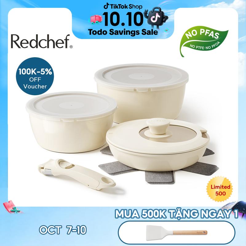 Redchef Bộ 9 Nồi Chảo Chống Dính Không Độc Hại Tay Cầm Tháo Rời Phù Hợp Mọi Loại Bếp Không Chứa PFAS PTFE PFOA