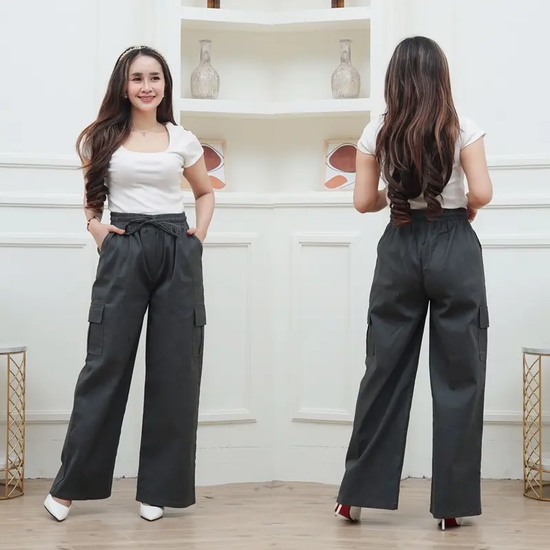 Celana Kulot Cargo Highwaist Wanita Kekinian Zyta Full Karet ada Tali Serut Twill Combad 2