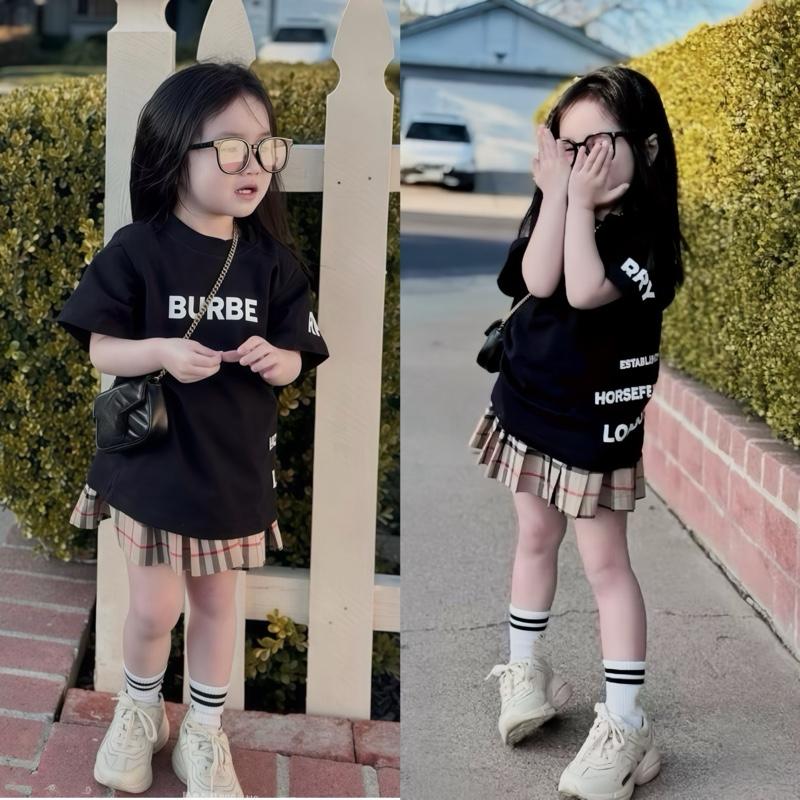 Coca kids Set Váy cho bé gái Mẫu Mới Nhất chất cotong mềm mịn mát phối chân váy kẻ có quần lót cho bé từ 10-32kg