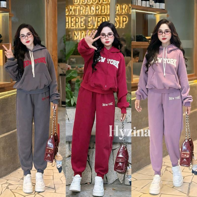 (From Rộng) Set Bộ Quần Áo Nỉ Có Mũ, Hoạ Tiết Chữ New York Cho Nữ, Chất Liệu Nỉ 2 Da, Set Đồ Nữ Đẹp, Bộ Nỉ Thu Đông Nữ, Set Đồ Nữ Mùa Đông