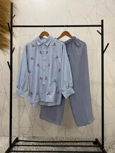 HF - Oneset Aisha Salur Motif Bordir Tunik Celana Crincle Setelan Wanita