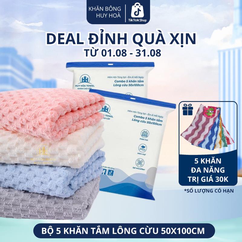 [KOC/KOL] Combo 5 Khăn Tắm 50x100cm Tặng 5 Khăn Đa Năng Huy Hoà Towel. Sợi Lông Cừu Microfiber Mềm Mịn, Thấm Hút Nước, Không Ra Màu, Không Sổ Lông Nhà Tắm, Phòng Tắm