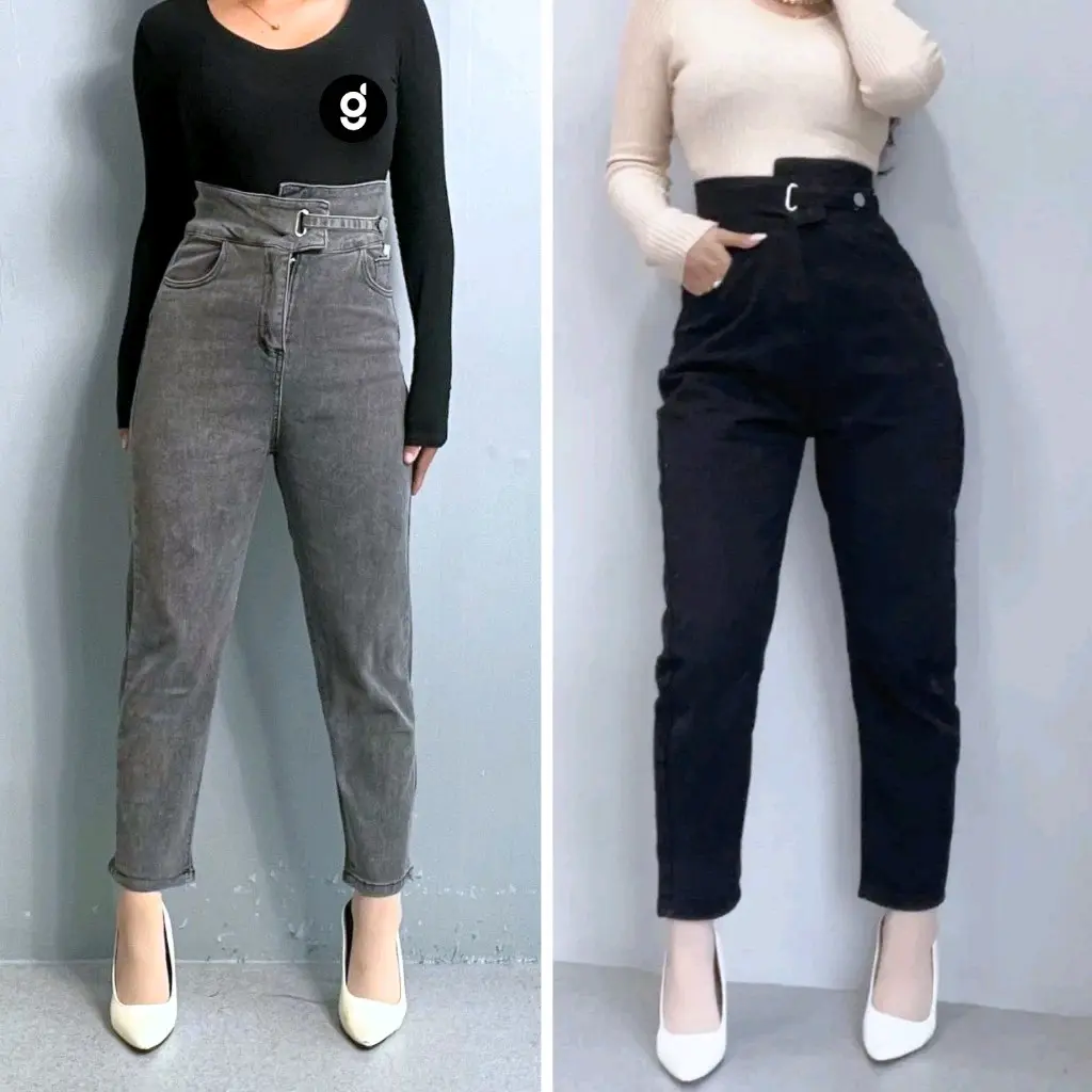 Celana jeans Wanita | Celana Jeans Highwaist Wanita Import Premium Celana Panjang Jeans Highwaist Baggy Denim Straight Stretch Cutbray Hitam Ritsleting Loose-fitting