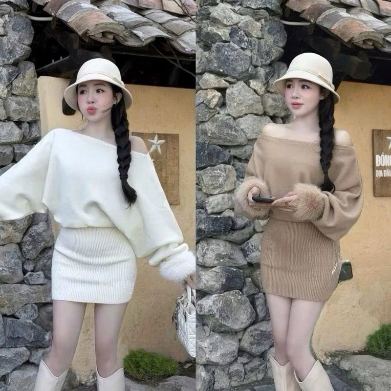 Váy Len Trễ Vai Tay Lông Đầm Lệch Vai Len Tăm hàng QC - Nữ