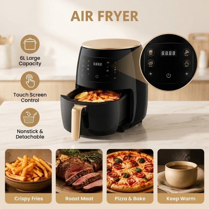 Dễ dàng vệ sinh. 6L Nồi chiên không dầu Đa chức năng Màn hình cảm ứng Nồi chiên điện Chống dính Có thể điều chỉnh nhiệt độ. Máy nướng không dầu kỹ thuật số Nướng bánh