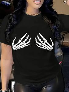 Camiseta gráfica de calavera casual para mujer - Manga corta, cuello redondo, negro con diseño de calavera alada blanca, parte superior de moda de verano para atuendos informales, camiseta de calavera