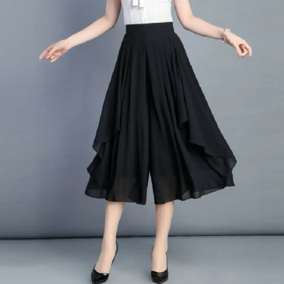 ZANAChiffon Slim Half Culottes Thin Style Summer Seven Points Wide Leg Pants Large Size Elastic High Waist Loose Casual Pants Women Skirt