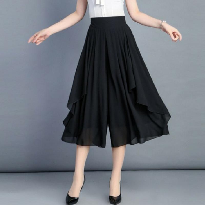 Product Introduction of ZANAChiffon Slim Half Culottes Thin Style Summer Seven Points Wide Leg Pants Large Size Elastic High Waist Loose Casual Pants Women Skirt 0
