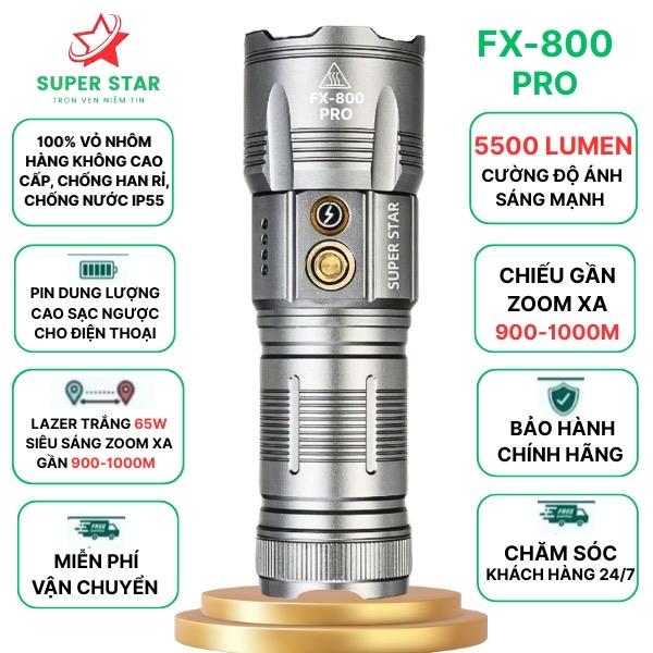 Đèn Pin Cầm Tay Siêu Sáng FX-800 PRO Chiếu Xa Hơn 800 mét Zoom Sáng Xa Gần Thiết Kế Hợp Kim Nhôm Hàng Không Kháng Nước Sạc Type-C