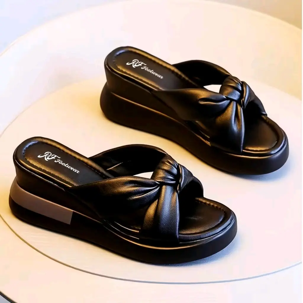 Sendal Cewek Kasual Formal Kekinian Korean Style Hak Tinggi Karet Slip On Wedges - Wanita, Shoes Sandal Flat Perempuan Hitam