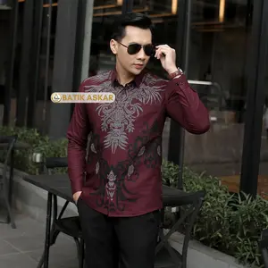 PRADANA Batik Andaru Baju Batik Pria Lengan Panjang Warna Merah Burgundy Full Furing Ero Bahan Katun Primisima Premium Modern