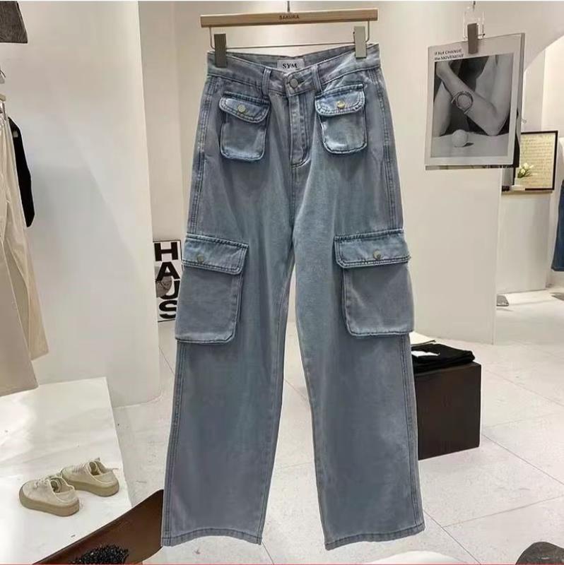 Cargo Denim Pasir Putih Highwaist Loose Celana Jeans Wanita Korea 4