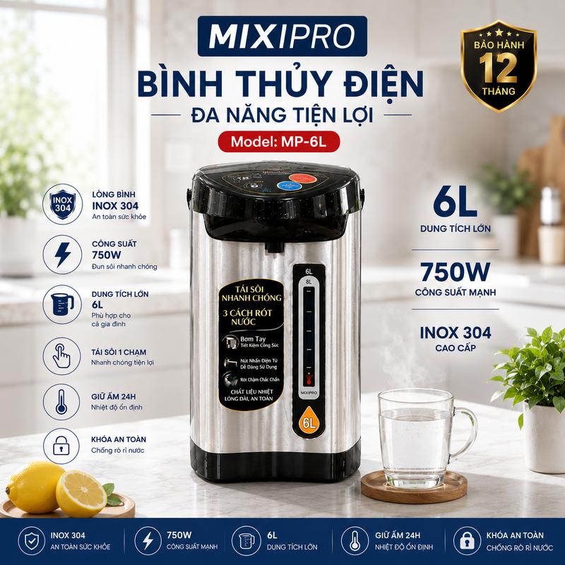 Bình Thủy Điện MixiPro 6L, 3 Cách Rót Tự Đun Sôi Giữ Ấm Inox Bền Bỉ Chống Oxy Hóa Tiện Lợi Dùng Cho Gia Đình Văn Phòng Quán Nhỏ