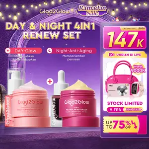 Glad2Glow Day&Night Renew Bundle 4in1- 4 PCS Barrier Skincare Paket-Brightening Moisturizer+Retinol Moisturizer+Brightening serum + Peeling serum Ceramide Kering Membersihkan Wajah Acid Mencerahkan Vitamin | tone cream wajah skincare murah bpom