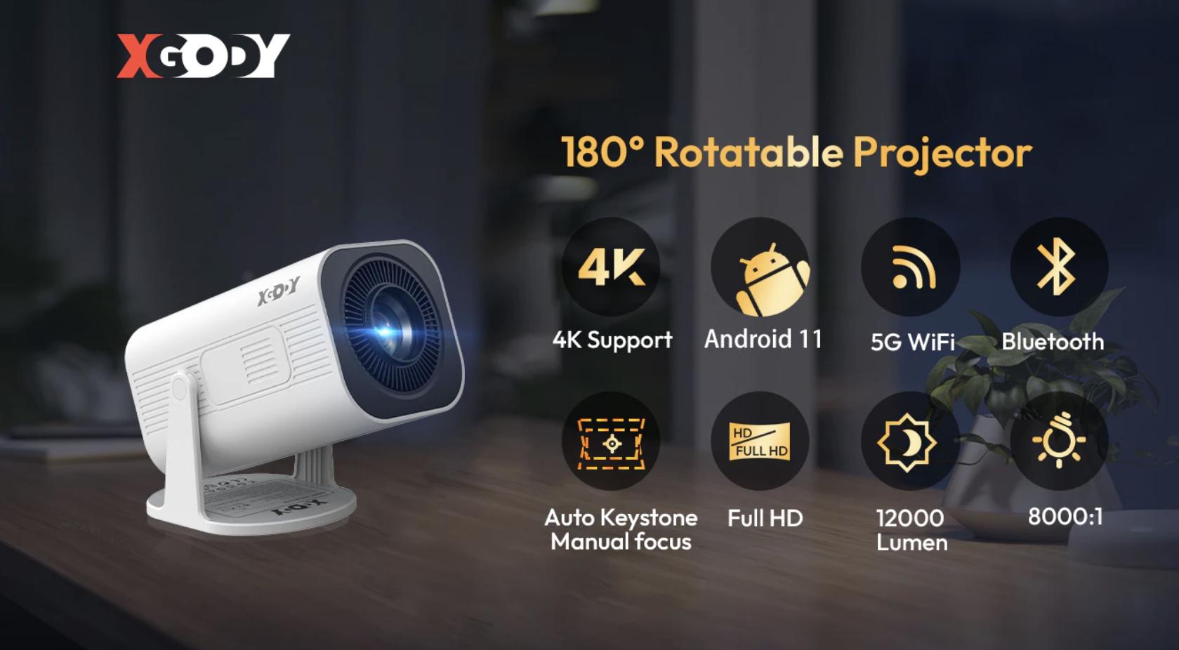 XGODY Gimbal 3 Pro Smart Proyektor LCD Android 11 - 720P - Auto Keystone - Netflix - YouTube - 220 ANSI