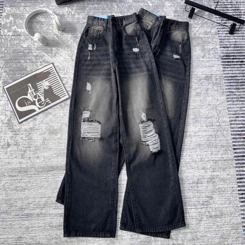 Quần Jean Nữ ống Suông lưng cao rách kiểu Xám Đen -Quần baggy jean nữ ống rộng  màu RETTO mẫu mới TH0688