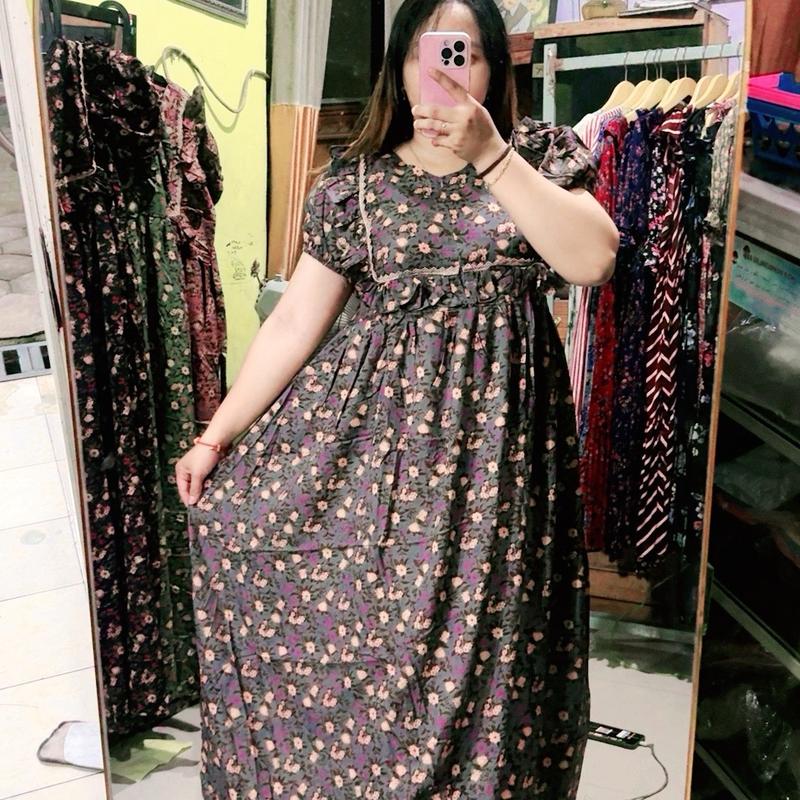 Daster Wanita Ara Log Busui Frenly Renda Rimpel Panjang 135cm - Arab, Pendek, Dress, Bumil, Kancing, Rempel, Rayon, Balon, Motif 1