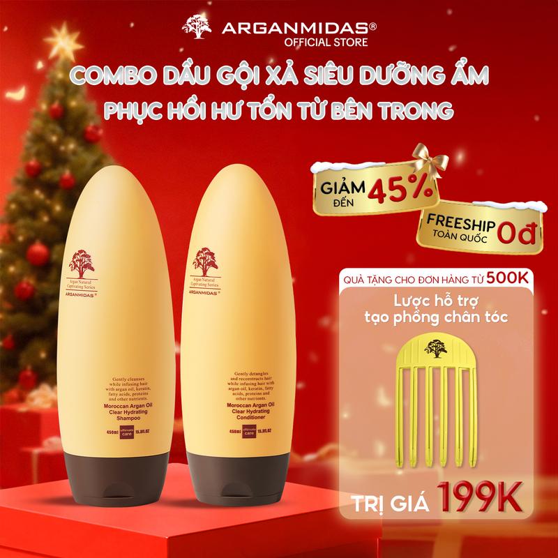 Bộ Dầu Gội Xả dưỡng tóc khô xơ ARGANMIDAS 450mlx2 GiúpTóc Mềm Mượt Hỗ trợ phục hồi tóc hư tổn cấp ẩm và Ngăn ngừa Gãy Rụng Moroccan Argan Oil